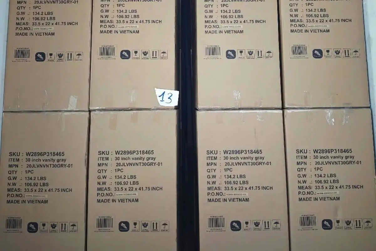 Traditional assembled bathroom vanity container showing wasted overhead space — only 135 units fit per 40HC