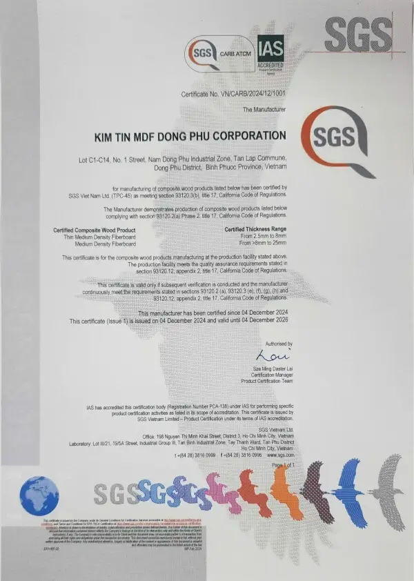 Goldenland CARB Phase 2 compliance certificate for low formaldehyde emissions