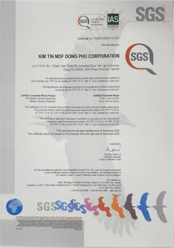 Goldenland TSCA Title VI compliance certificate for formaldehyde emissions